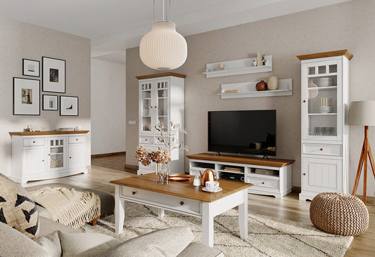 Meuble TV élégant Bologna – Meuble TV stylé en bois de pin massif blanc & chêne
