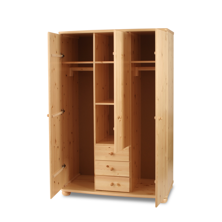 Armoire Claudia en pin bio | 3 portes avec étagères et 3 tiroirs en 100 % bois massif
