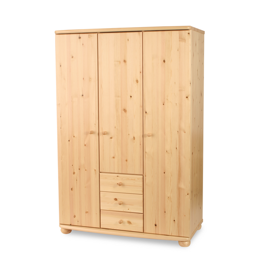 Armoire Claudia en pin bio | 3 portes avec étagères et 3 tiroirs en 100 % bois massif