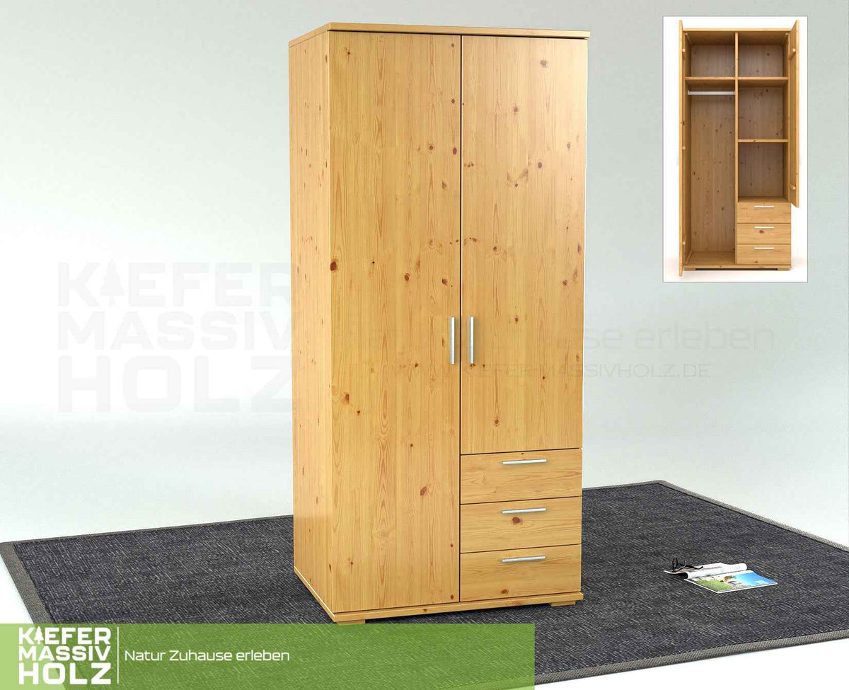 Armoire Nobis en pin massif bio | 2 portes avec penderie & 3 tiroirs