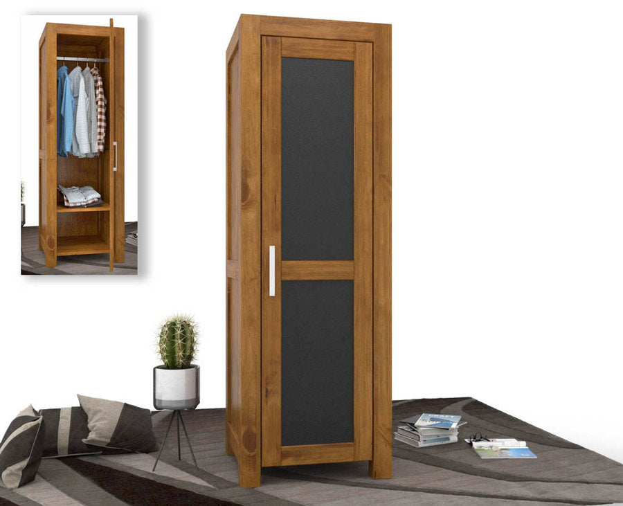 Armoire NATURA Leather 1 porte avec tringle, bois massif