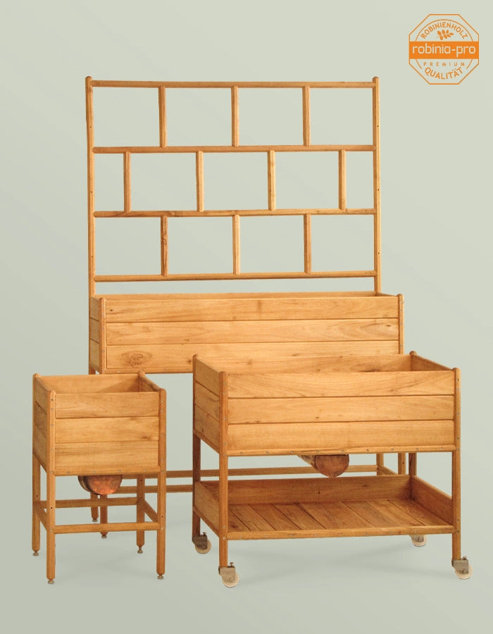 Carré potager surélevé en bois pour balcon, également avec treillis et brise-vue