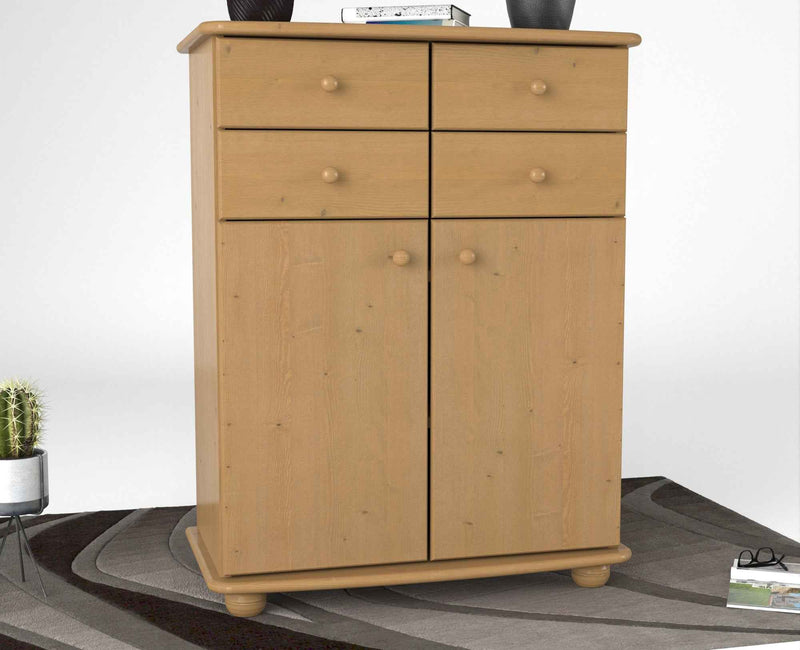 Anika Kommode Sideboard aus 100% Bio Kiefer Massivholz | 2-Türig | 4 Schubladen Anrichte