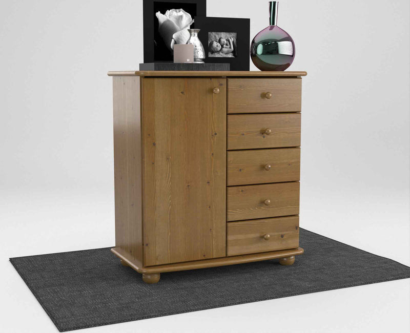 Anika Kommode Bio Kiefer Massivholz | Sideboard mit 5 Schubladen und 1 Tür