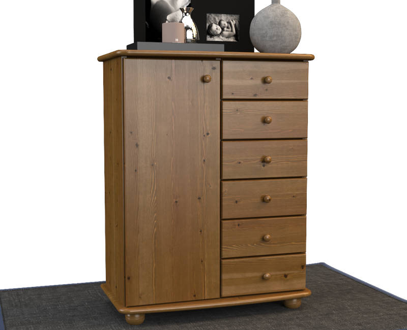 Anika Kommode 100% Bio Kiefer Massivholz | Sideboard mit 6 Schubladen und 1 Tür aus solidem Holz