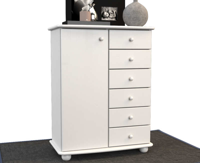 Anika Kommode 100% Bio Kiefer Massivholz | Sideboard mit 6 Schubladen und 1 Tür aus solidem Holz