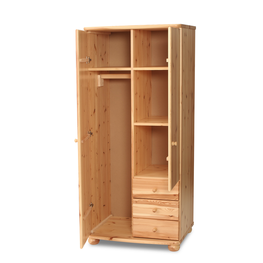Claudia Kleiderschrank Bio Kiefer | 2-türig mit Kleiderstange und 3 Schubladen