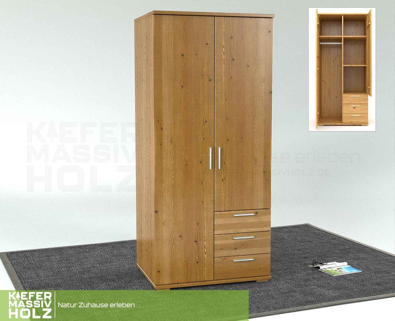 Nobis Kleiderschrank Bio Kiefer Massivholz | 2-türig mit Kleiderstange & 3 Schubladen