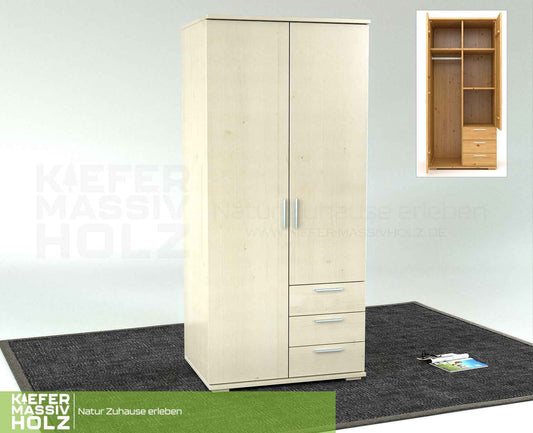 Nobis Kleiderschrank Bio Kiefer Massivholz | 2-türig mit Kleiderstange & 3 Schubladen