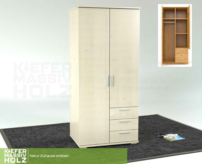 Nobis Kleiderschrank Bio Kiefer Massivholz | 2-türig mit Kleiderstange & 3 Schubladen