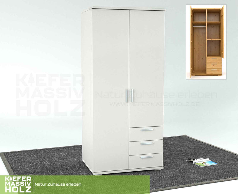 Nobis Kleiderschrank Bio Kiefer Massivholz | 2-türig mit Kleiderstange & 3 Schubladen