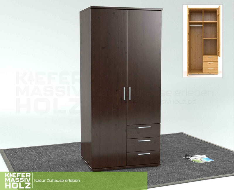 Nobis Kleiderschrank Bio Kiefer Massivholz | 2-türig mit Kleiderstange & 3 Schubladen