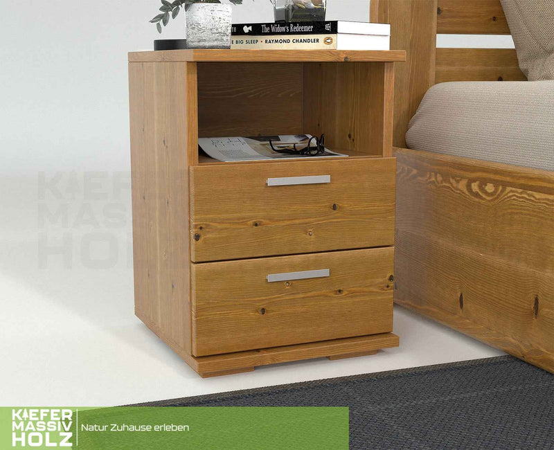 Nobis Nachttisch Kiefer massiv | 2-Schubladen Nachtschrank mit Regal | 100% Bio Kiefer