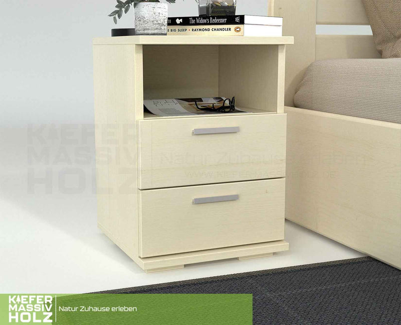 Nobis Nachttisch Kiefer massiv | 2-Schubladen Nachtschrank mit Regal | 100% Bio Kiefer