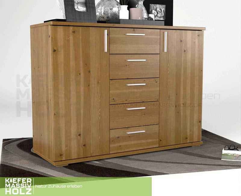 Nobis Kommode Bio Kiefer Massivholz 120-er | 5-Schubladen Sideboard | 2-Türig Anrichte