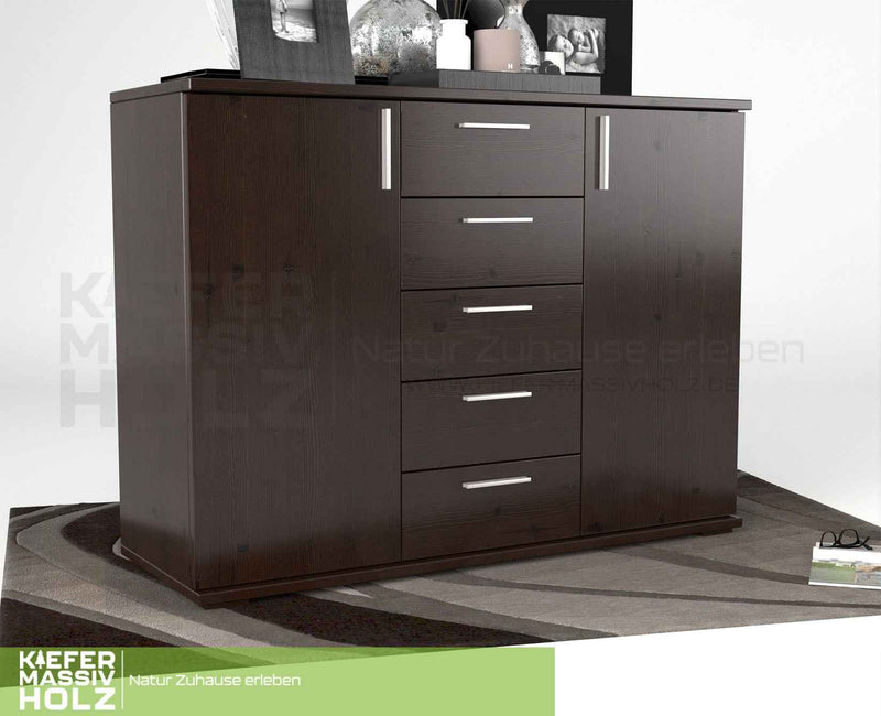 Nobis Kommode Bio Kiefer Massivholz 120-er | 5-Schubladen Sideboard | 2-Türig Anrichte