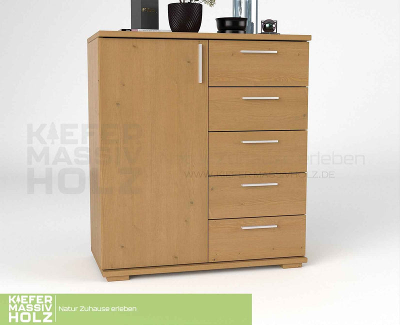 Nobis Kommode 90-er | Sideboard aus 100% Bio Kiefer Massivholz | 5-Schubladen, 1-Türig Anrichte