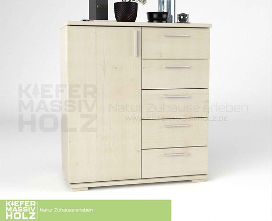 Nobis Kommode 90-er | Sideboard aus 100% Bio Kiefer Massivholz | 5-Schubladen, 1-Türig Anrichte