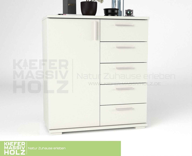 Nobis Kommode 90-er | Sideboard aus 100% Bio Kiefer Massivholz | 5-Schubladen, 1-Türig Anrichte