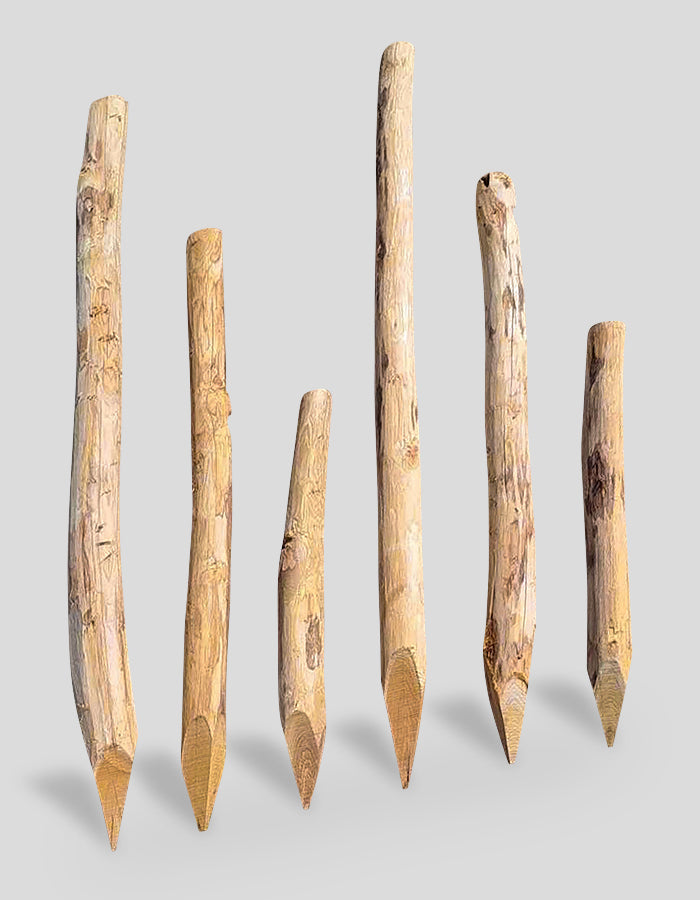 Poteaux de robinier, ronds, écorcés, droits au sommet 